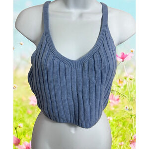 Hollister Blue Sweater Tank Top Sz M V-Neck Cable Knit Crop Blouse Coastal